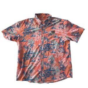 Huk Fishing Shirt Mens XL Orange Tropical Palm Boat Short Sleeve Button Down